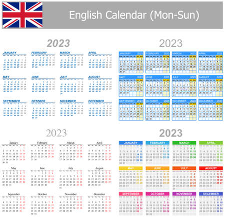 2023 English Mix Calendar Mon-Sun on white backgroundのイラスト素材
