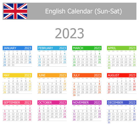 2023 English Type-1 Calendar Sun-Sat on white backgroundのイラスト素材