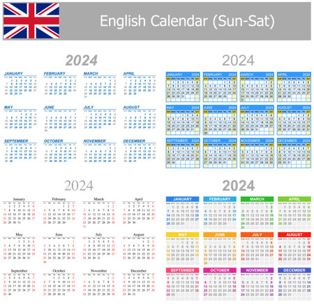 2024 English Mix Calendar Sun-Sat on white backgroundのイラスト素材