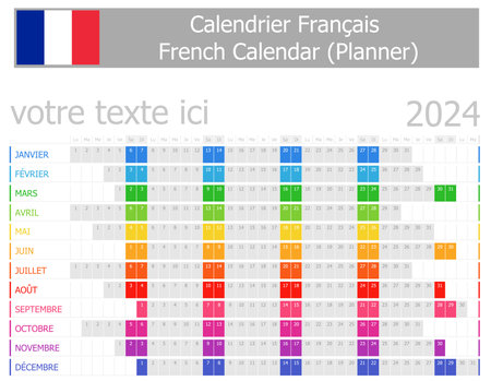 2024 French Planner Calendar with Horizontal Months on white backgroundのイラスト素材