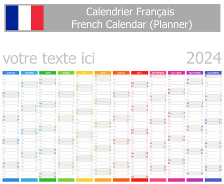 2024 French Planner Calendar with Vertical Months on white backgroundのイラスト素材