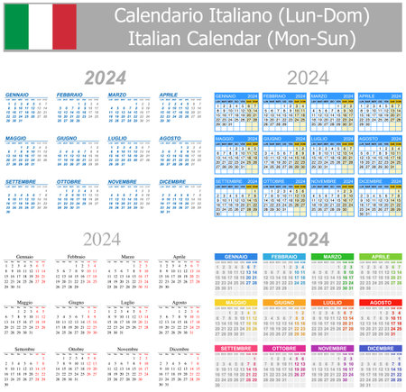 2024 Italian Mix Calendar Mon-Sun on white backgroundのイラスト素材