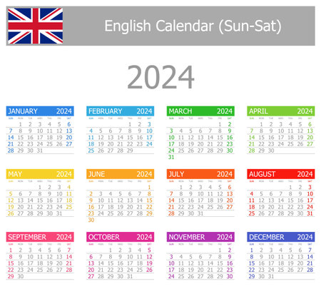 2024 English Type-1 Calendar Sun-Sat on white backgroundのイラスト素材