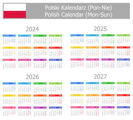 2024-2027 Polish Type-1 Calendar Mon-Sun on white backgroundのイラスト素材
