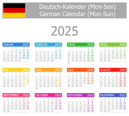 2025 German Type-1 Calendar Mon-Sun on white backgroundのイラスト素材