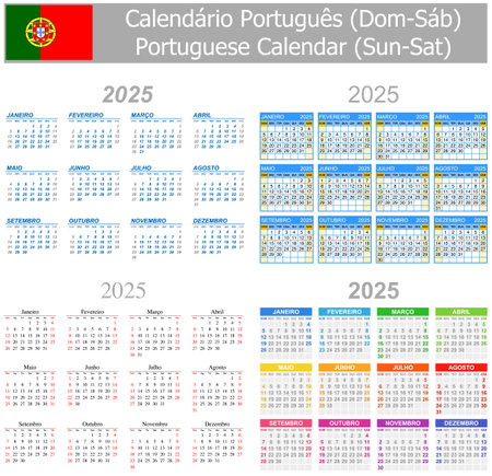 2025 Portuguese Mix Calendar Sun-Sat on white backgroundのイラスト素材