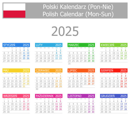 2025 Polish Type-1 Calendar Mon-Sun on white backgroundのイラスト素材