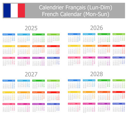 2025-2028 French Type-1 Calendar Mon-Sun on white backgroundのイラスト素材