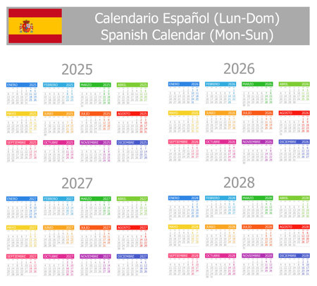 2025-2028 Spanish Type-1 Calendar Mon-Sun on white backgroundのイラスト素材