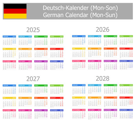 2025-2028 German Type-1 Calendar Mon-Sun on white backgroundのイラスト素材