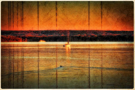 Boats and Orange Skyの写真素材