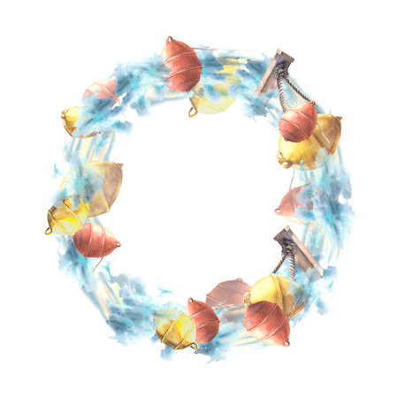 Watercolor marine wreath with red and yellow buoys and bollard in the emerald sea water Hand drawn illustrationの写真素材
