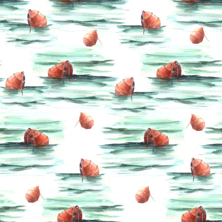 Watercolor maritime seamless pattern red buoys at sea Hand painted illustration on white backgroundの写真素材