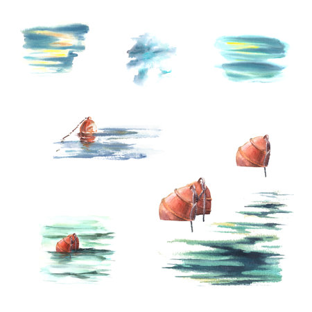 Watercolor maritime set Red buoys at sea, waves and splashes Hand painted illustration isolated on...