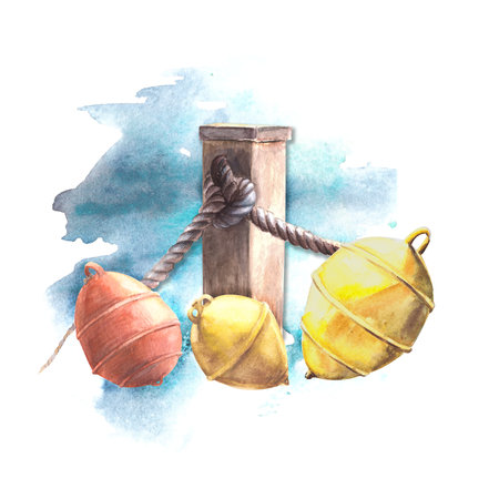 Watercolor maritime composition sea wave, bollard, ropes, red and yellow buoys Hand painted isolated on white backgroundの写真素材