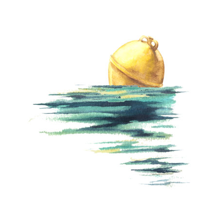 Yellow buoy at the sea Watercolor composition Hand painted isolated white backgroundMaritime elements for design stickers, cards, print, website, vacation advertisementの写真素材