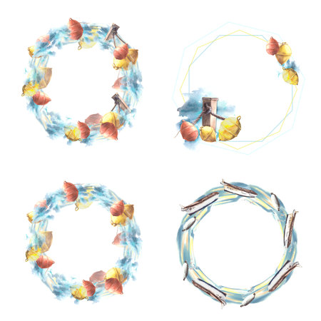 Watercolor marine wreath frame Set Red, yellow buoys, bollard, sea water, boat, splash Hand drawn illustration isolated on white backgroundの写真素材