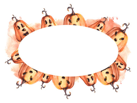 Halloween pumpkin scary face oval banner Watercolor hand painting illustration on white backgroundの写真素材