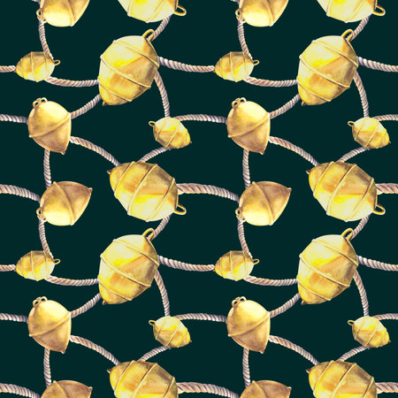 Nautical seamless pattern Sea yellow buoys with ropes Isolated on dark background Hand paintedの写真素材