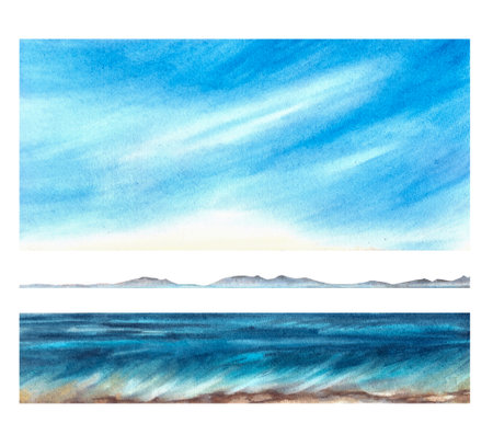 Beautiful blue seascape set, waves, sky, ocean Hand-painted watercolor illustration backgroundの写真素材