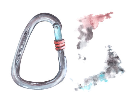 Metal climbing carabiner isolated. white background with watercolour spots. Hand drawn illustrationの写真素材