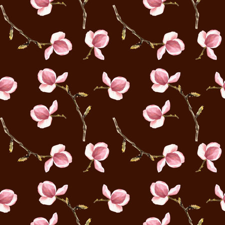 Watercolor Magnolia flowers Seamless Pattern Hand painted illustration isolated on dark backgroundの写真素材