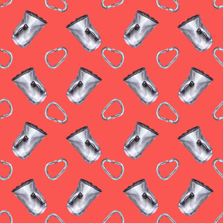 Chalk bag with climbing carabiner seamless pattern Isolated Red background Hand drawn illustrationの写真素材