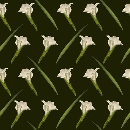 Watercolor gladiolus seamless pattern Hand drawn digital illustration of flowers on dark backgroundの写真素材