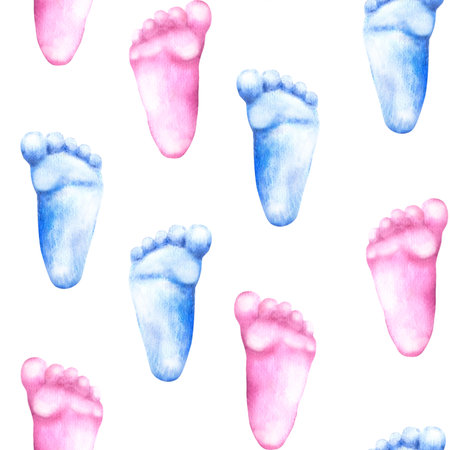 Baby footprints blue and pink feet seamless pattern. Watercolor illustration hand draw isolatedの写真素材