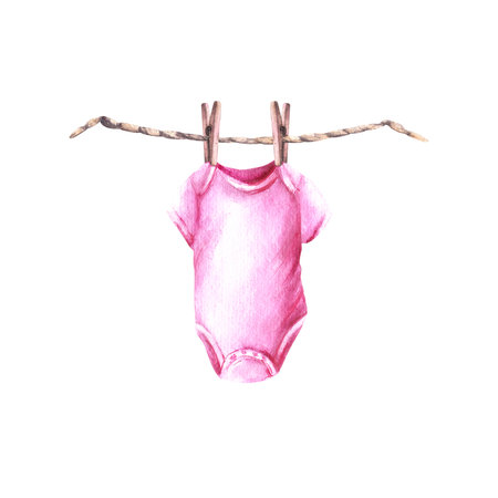 Baby pink girl bodysuit with clothesline and clothes pegs. Watercolor hand draw illustrationの写真素材