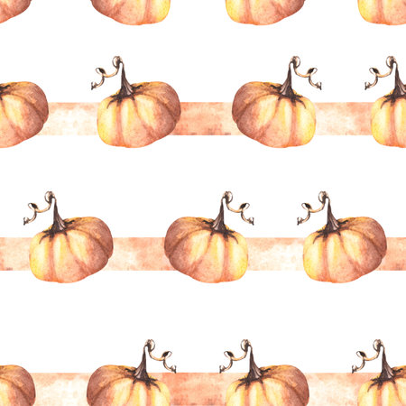Seamless pumpkins striped pattern. Isolated white background. Watercolor illustration. Hand drawingの写真素材