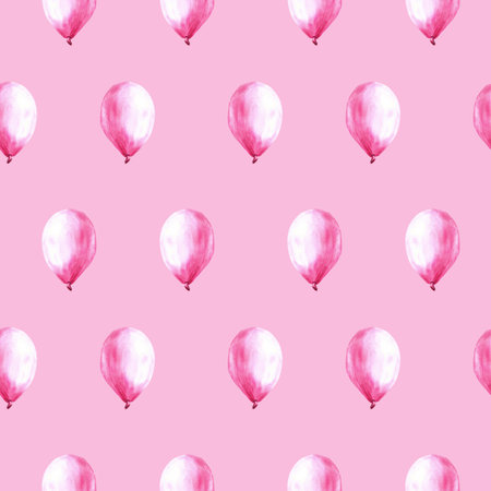 Pink air balloon seamless pattern It is a baby girl, newborn birthday party Hand painted watercolor illustration isolated on pink background Repeating design base for print cover, wrapping, wallpaperの写真素材