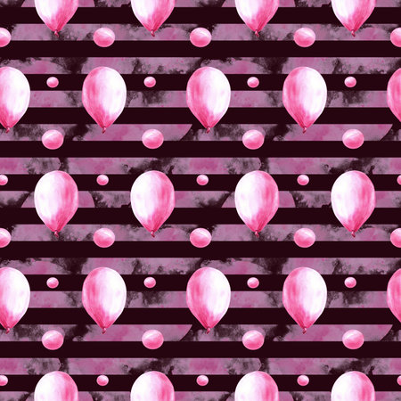 Pink air balloon seamless pattern with bubbles and peas on watercolour stripes. It s a baby girl, newborn birthday party Hand painted illustration isolated on dark background for wrapping, wallpaper.の写真素材