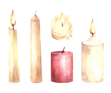 Watercolor set of burning and extinguished white end red wax candles with candlewick Hand drawn illustration. Candlelight clipart for card, interiors, birthday, holiday. Isolated on white backgroundの写真素材