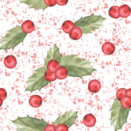 Watercolor painted illustration of red holly leaves and berries with splashes. Seamless pattern. Clipart for Christmas or New Year decor, gift wrapping, cover art, wallpaper. Isolated white backgroundの写真素材