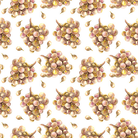 Watercolor seamless pattern. Bunch of green yellow grapes, leaves and grape berry. Grapevine hand painted. Wrapping paper, labels, fabric print. Botanical illustration isolated on white background.の写真素材