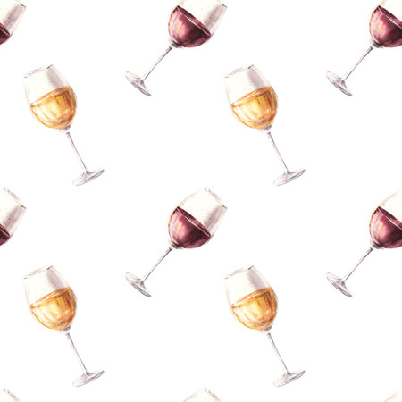 Watercolour seamless pattern with glasses of white and red wine. Hand drawn illustration. Winemaking label, wine list, bar, restaurant menu, packing, wallpaper, textiles. Isolated on white backgroundの写真素材