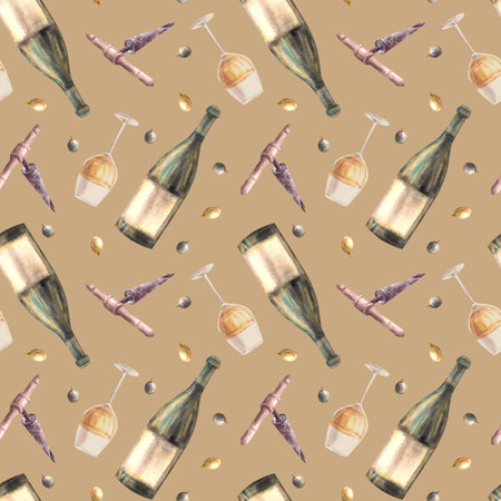 A bottle and glass of white wine with grape berries and corkscrew seamless pattern Watercolour hand draw illustration. Wine making repeating design for wallpaper, wrapping Isolated coloured backgroundの写真素材