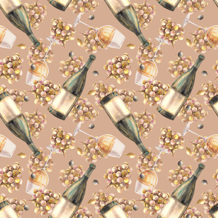 A bottle and glass of white wine with bunch of grapes and grape berries seamless pattern. Watercolour hand draw illustration Wine making clipart for wallpaper, wrapping. Isolated coloured backgroundの写真素材