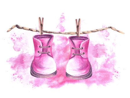 Baby pink booties, shoes with clothesline and clothes pegs against a background of watercolor stains It is a girl. Painted illustration for birthday, baby shower, newborn, gender reveal party Isolatedの写真素材