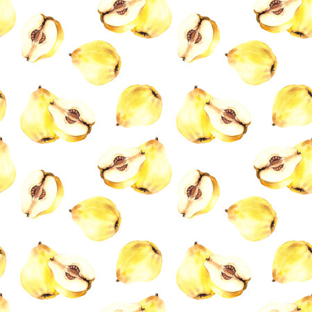 Watercolor hand painted seamless pattern of yellow ripe juicy quince whole, cut fruits with seeds inside. Illustration Repeating design for wrapping paper, wallpaper, cover. Isolated white background.の写真素材