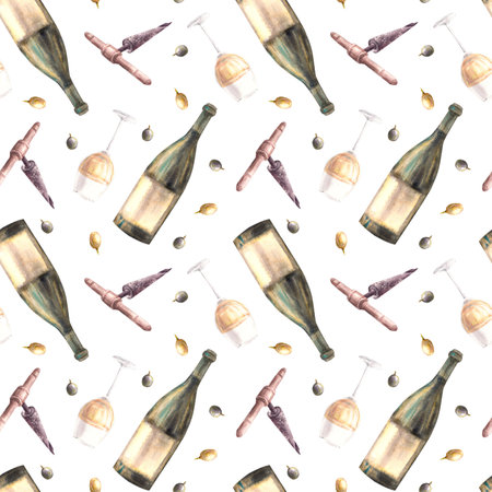 A bottle and glass of white wine with grape berries and corkscrew seamless pattern. Watercolour hand draw illustration. Wine making repeating design for wallpaper, wrapping. Isolated white backgroundの写真素材
