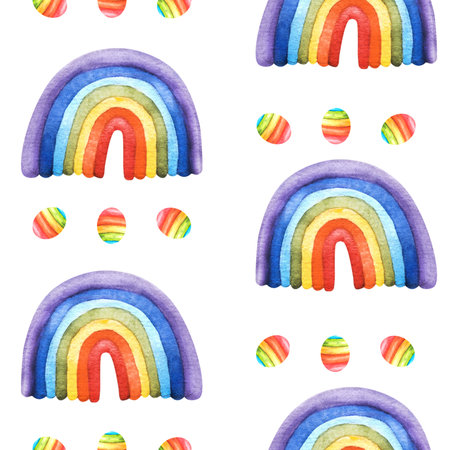 Watercolor hand drawn rainbow illustration. Seamless pattern. Perfect for creative birthday, pride LGBT party, print, textiles, packaging, wallpaper, scrapbooking Template isolated on white backgroundの写真素材