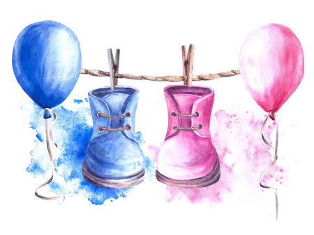 Baby pink, blue booties, shoes with clothesline, clothes pegs, air balloons and watercolor stains background Painted illustration for baby shower birthday gender reveal party Isolated white backgroundの写真素材