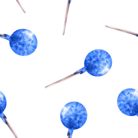 Watercolor seamless pattern with blue delicious pop cakes Hand drawn illustration party candies Lollipop print for wallpapers, wrapping, fabric, scrapbooking paper, bakery Isolated on white backgroundの写真素材