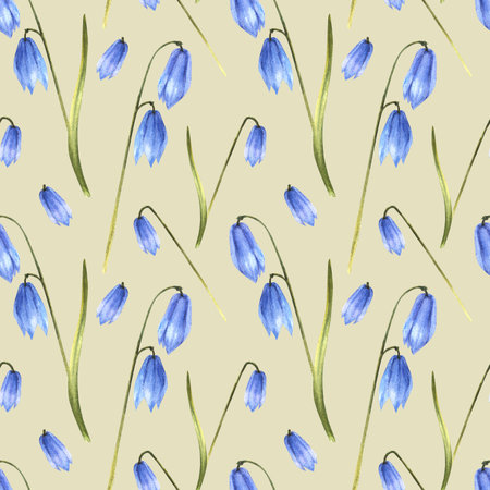 Early spring plant seamless pattern, squills, spring scylla blue snowdrops Primary flowers Hand drawn illustration for weddings deco, birthdays, easter wrapping, scrapbooking Isolated beige backgroundの写真素材