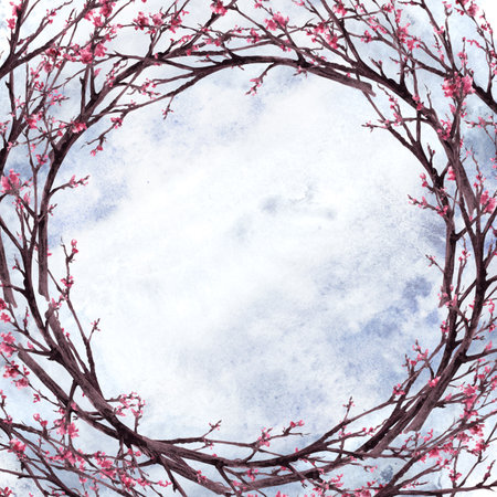 Watercolor hand drawn early spring blossoms of trees brunch sakura, cherry, flowers and buds on watercolor stains background. Wreath template First buds leaves. Botanical clipart Isolated illustrationの写真素材