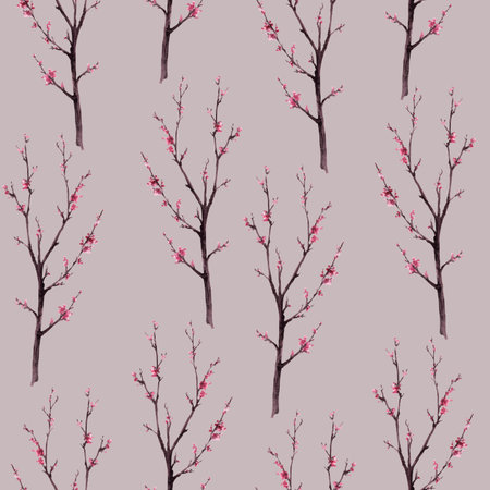 Watercolor hand drawn early spring blossoms of trees, sakura, cherry, apricot flowers. Seamless pattern. First buds, leaves, wrapping paper Botanical clipart Isolated illustration coloured backgroundの写真素材
