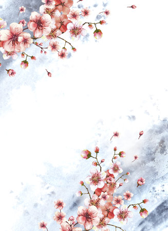 A blossoming branch from spring tree template illustration. Hand drawn blossoms sakura, cherry, apple buds, flowers on grey watercolor spots splashes background. Springtime card Isolated illustrationの写真素材