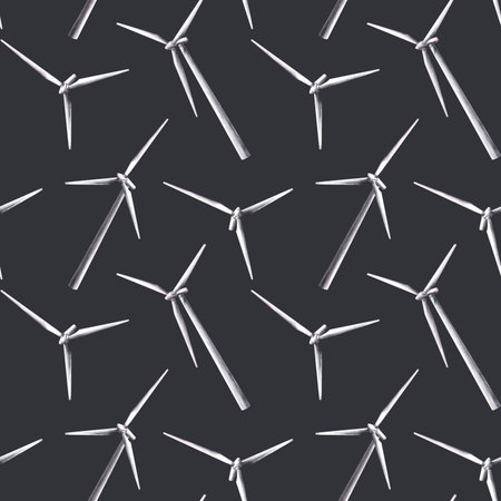 Watercolor painting eco wind turbine windmills seamless pattern illustration for ecology,...